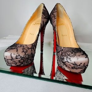 Christian Louboutin Black/Nude Lace and Satin Bianca 140 Pumps